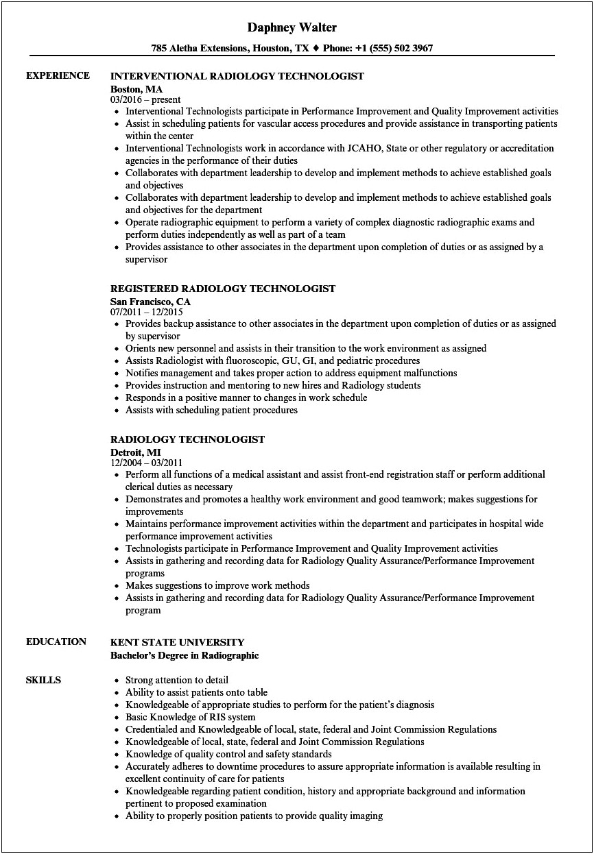 Examples Of Resumes For A Ct Technologist