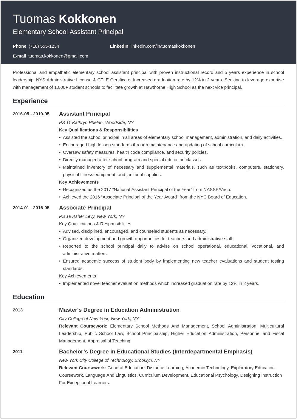 Examples Of Resumes For Assistant Principals