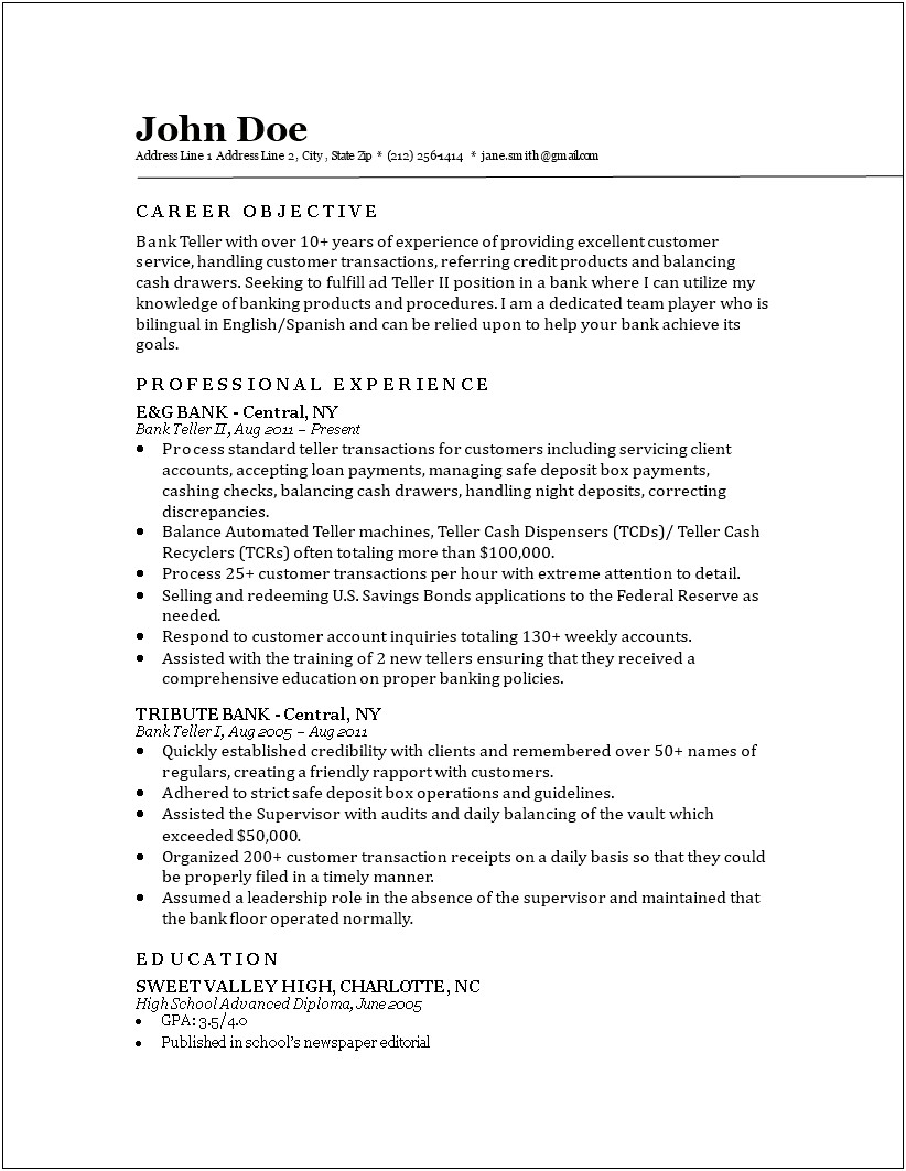 Examples Of Resumes For Bank Teller Position