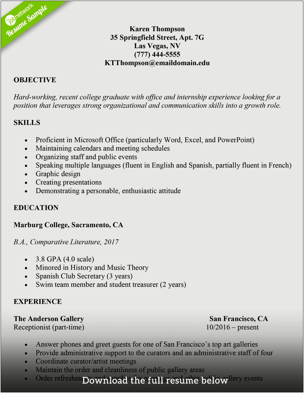 Examples Of Resumes For First Year College Students