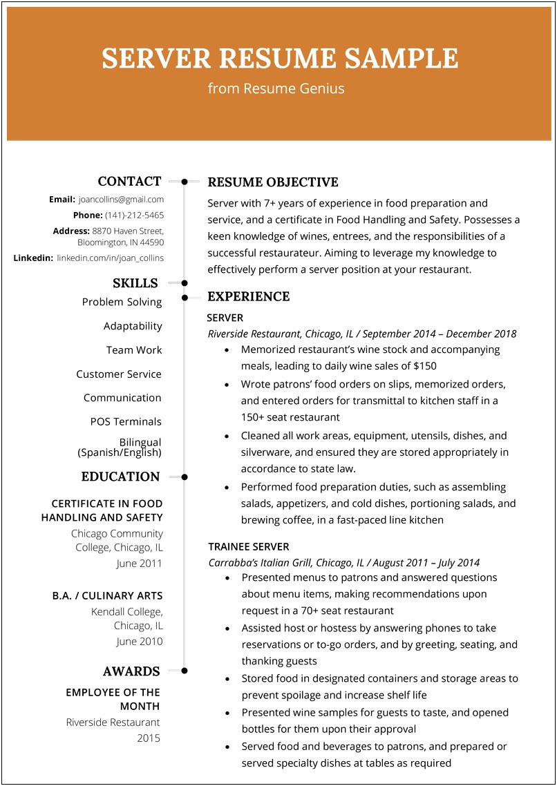 Examples Of Resumes For Food Service Workers