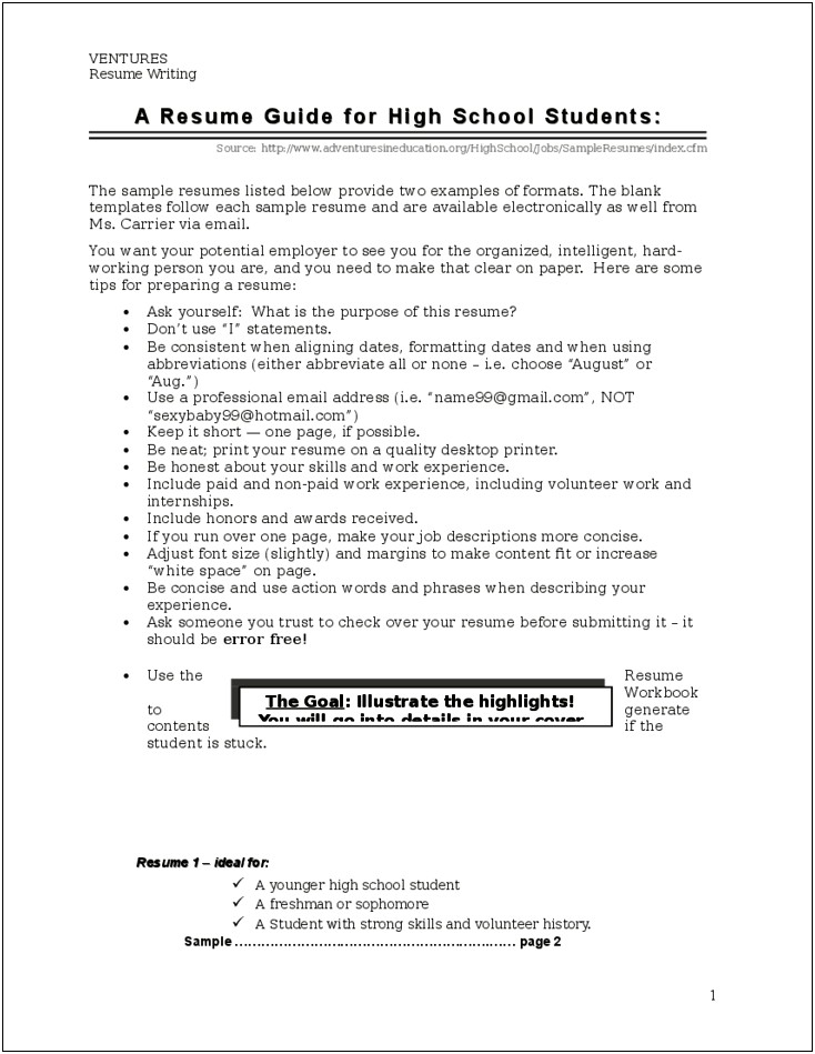 Examples Of Resumes For High School Students Job
