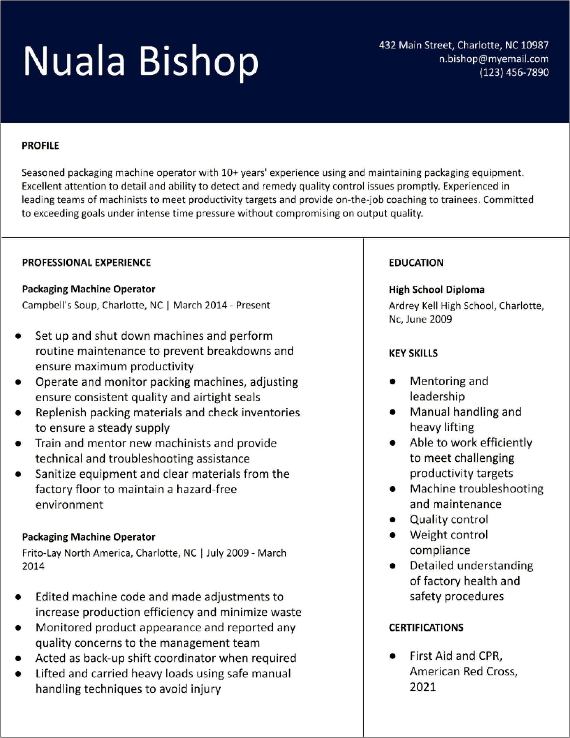 Examples Of Resumes For Machine Operator