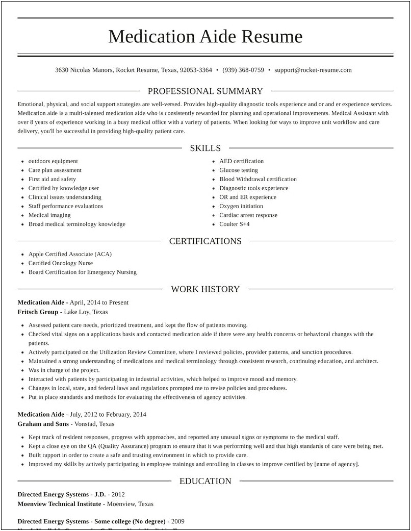 Examples Of Resumes For Medication Aide