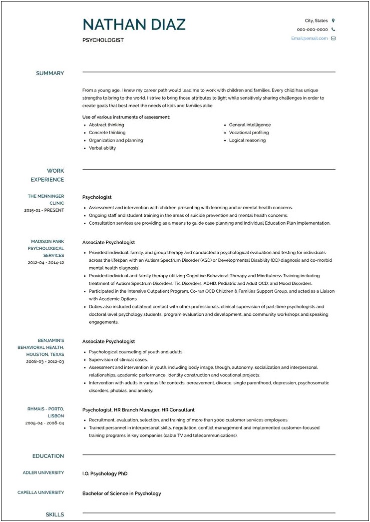 Examples Of Resumes For Psychologists