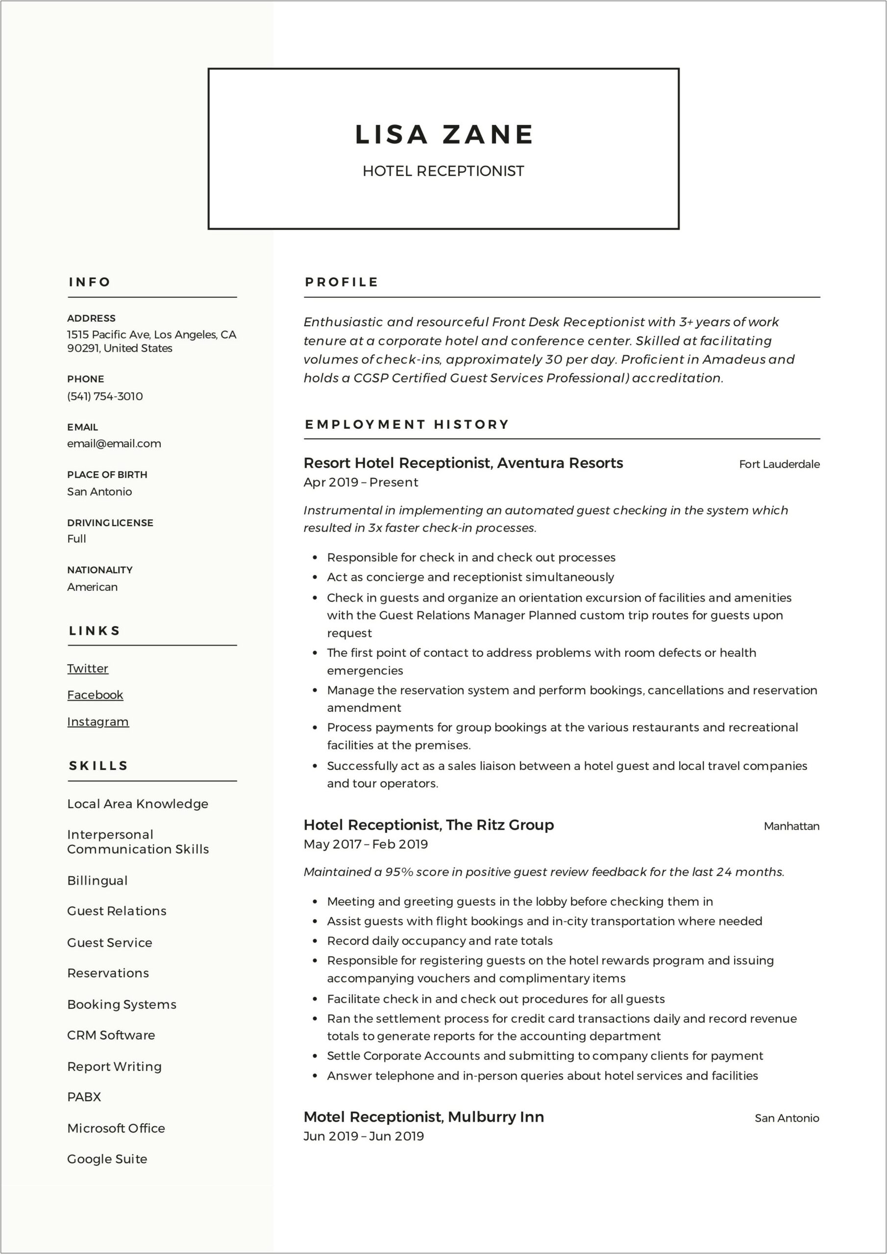 Examples Of Resumes For Receptionist Position