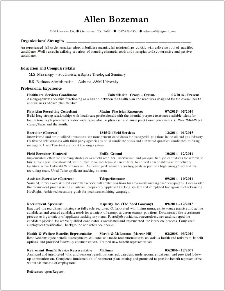 Examples Of Resumes For Recruiting