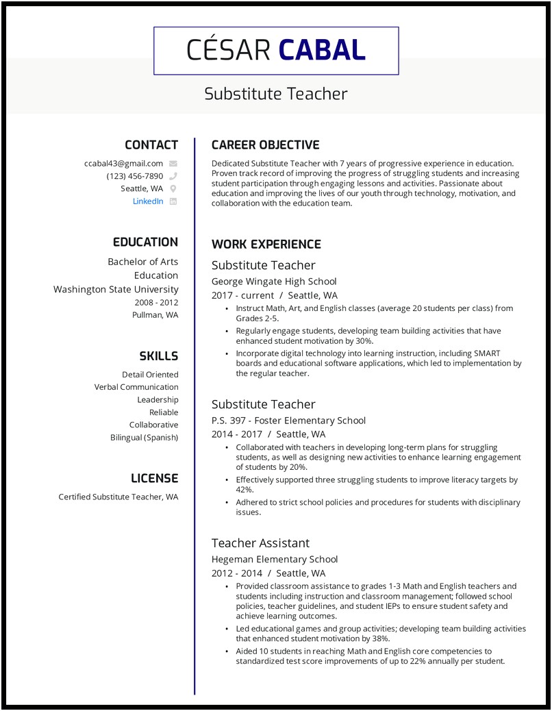 Examples Of Resumes For Subsitute Teacher With Experience