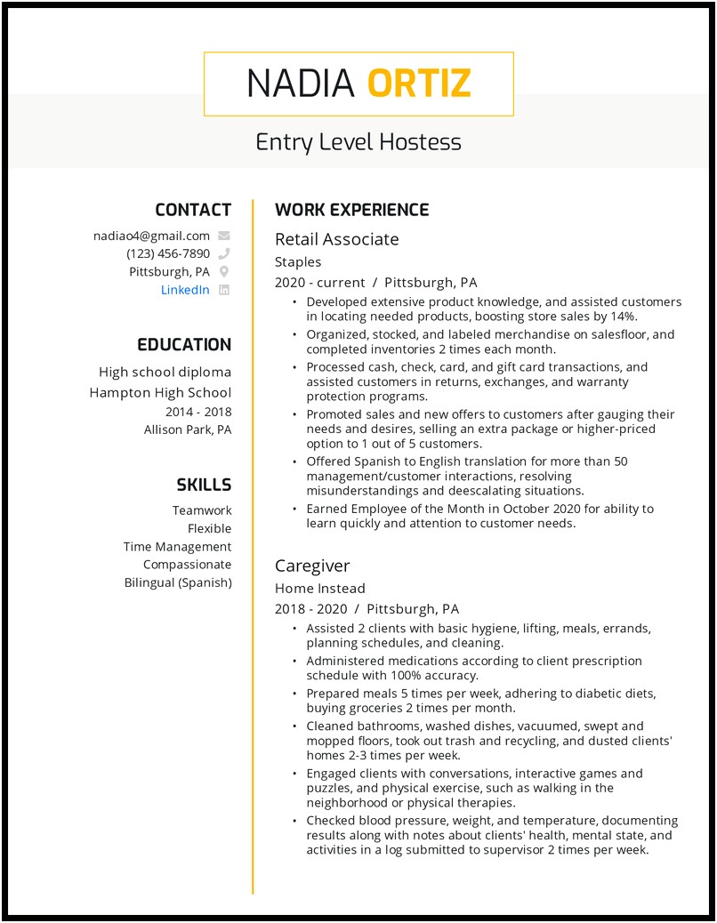 Examples Of Resumes Of Hostess