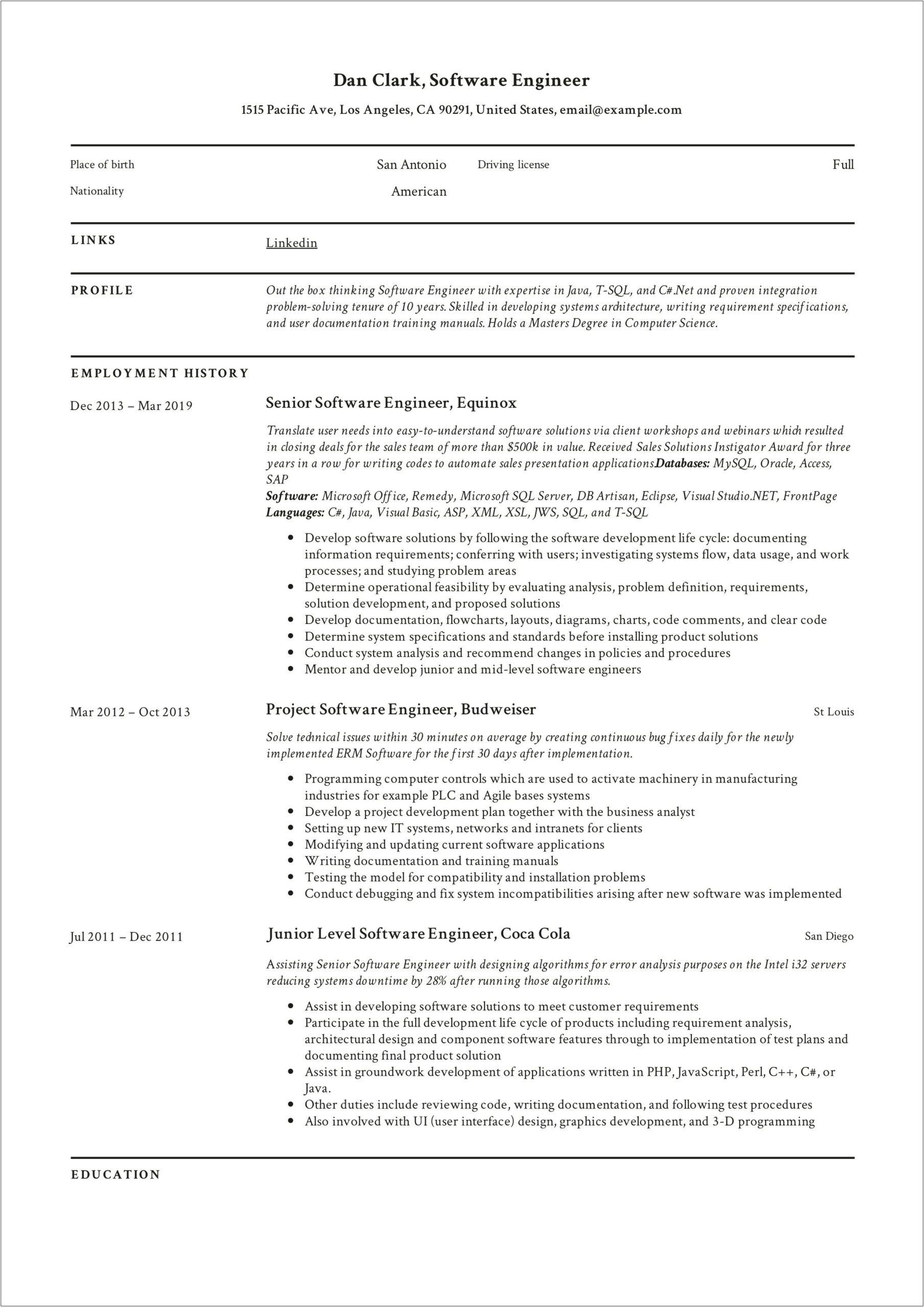 Examples Of Resumes Software Engineering