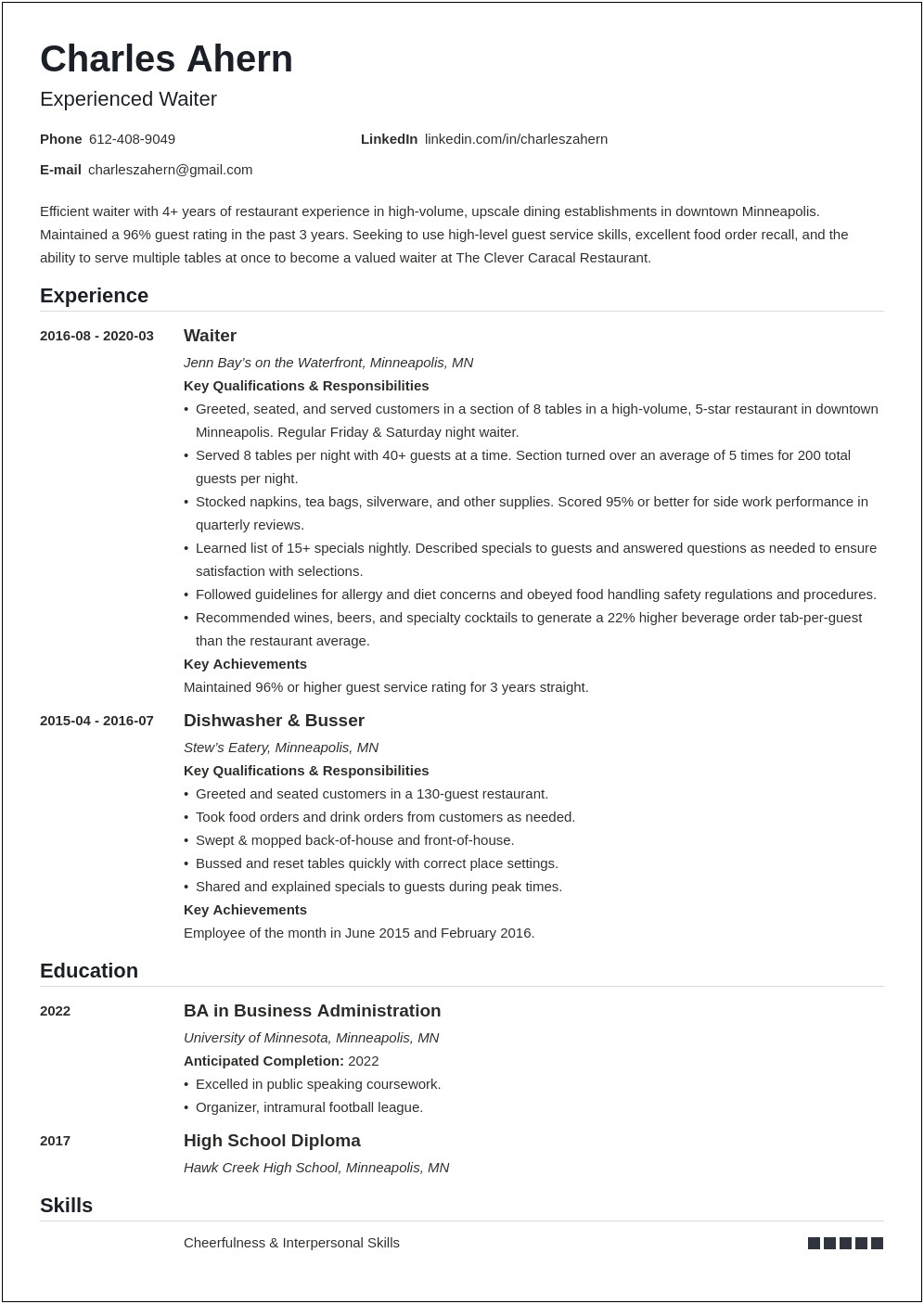Examples Of Resumes Waiting Tables