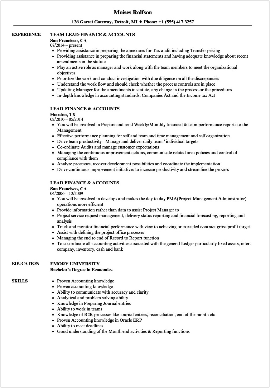 Examples Of Resumes With General Ledger Experience