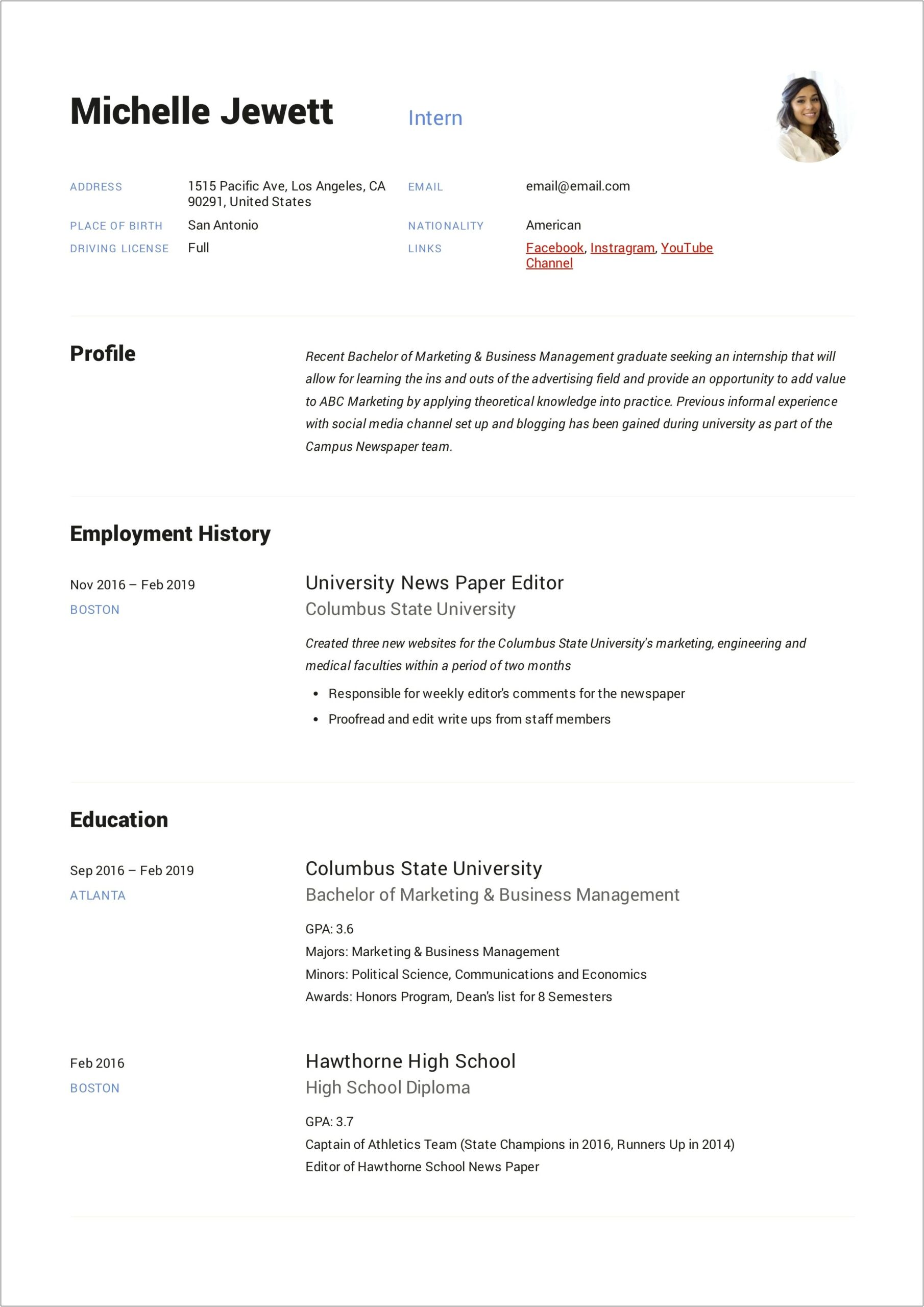 Examples Of Resumes With Internship Experience