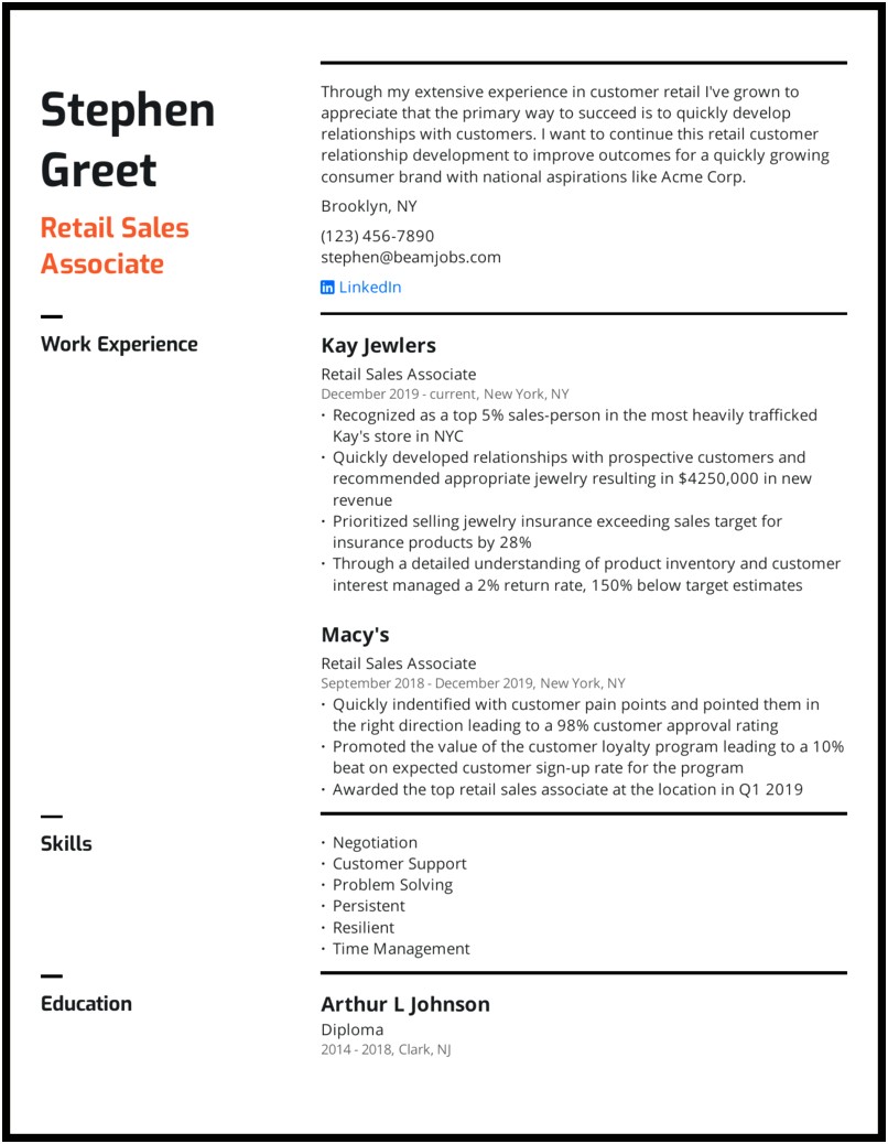 Examples Of Sale Summary For Resume