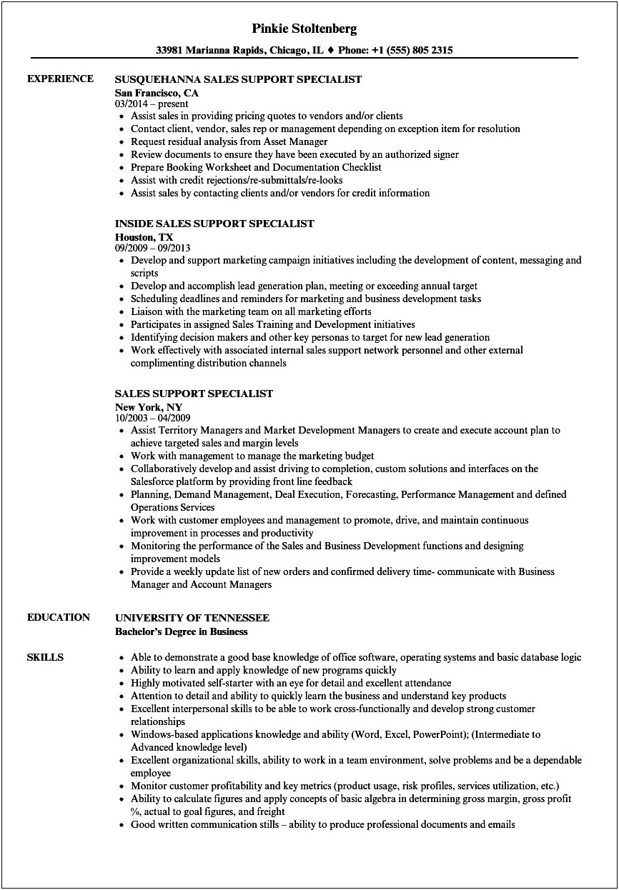 Examples Of Sales Support Specialist Resume