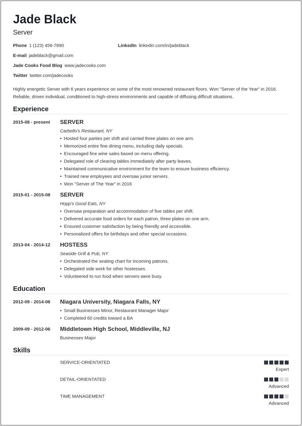 Examples Of Server Duties For Resume