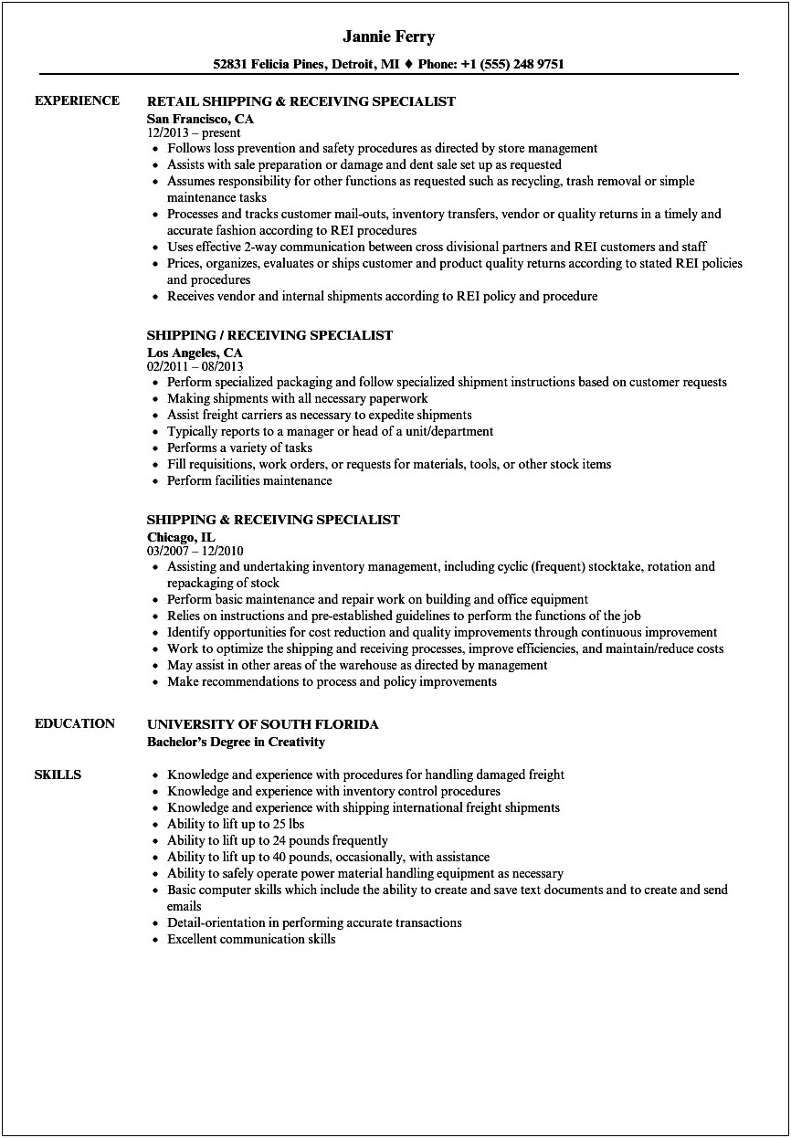 Examples Of Shipping And Receiving Resumes