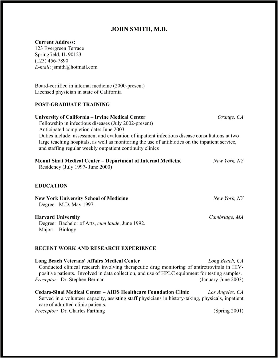 Examples Of Short Resumes For Doctor