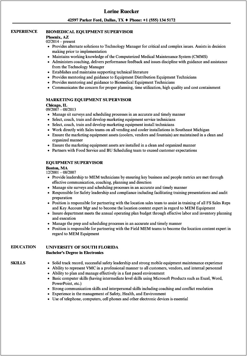 Examples Of Skilled Trades Supervisor Resumes