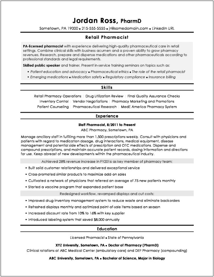 Examples Of Skills For Pharmacy On Resume
