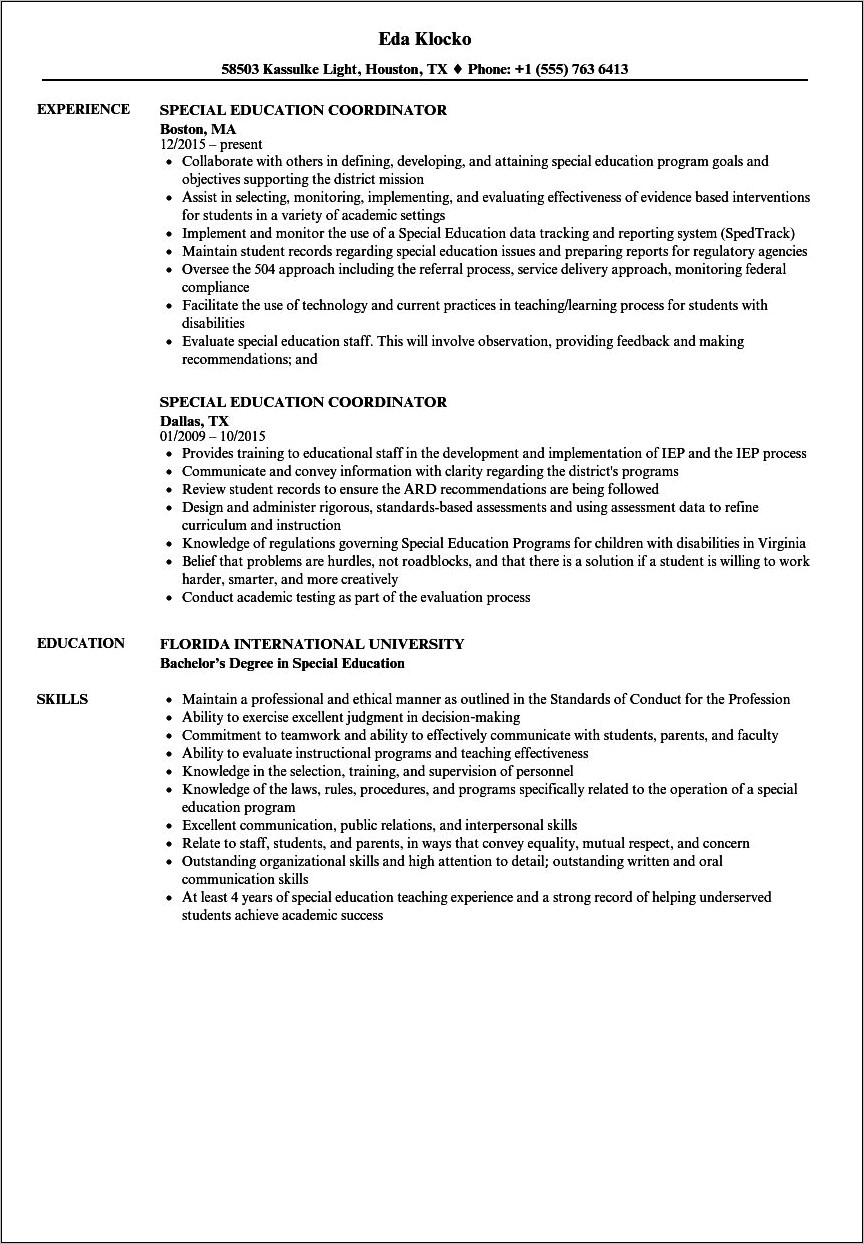 Examples Of Specail Education Resumes