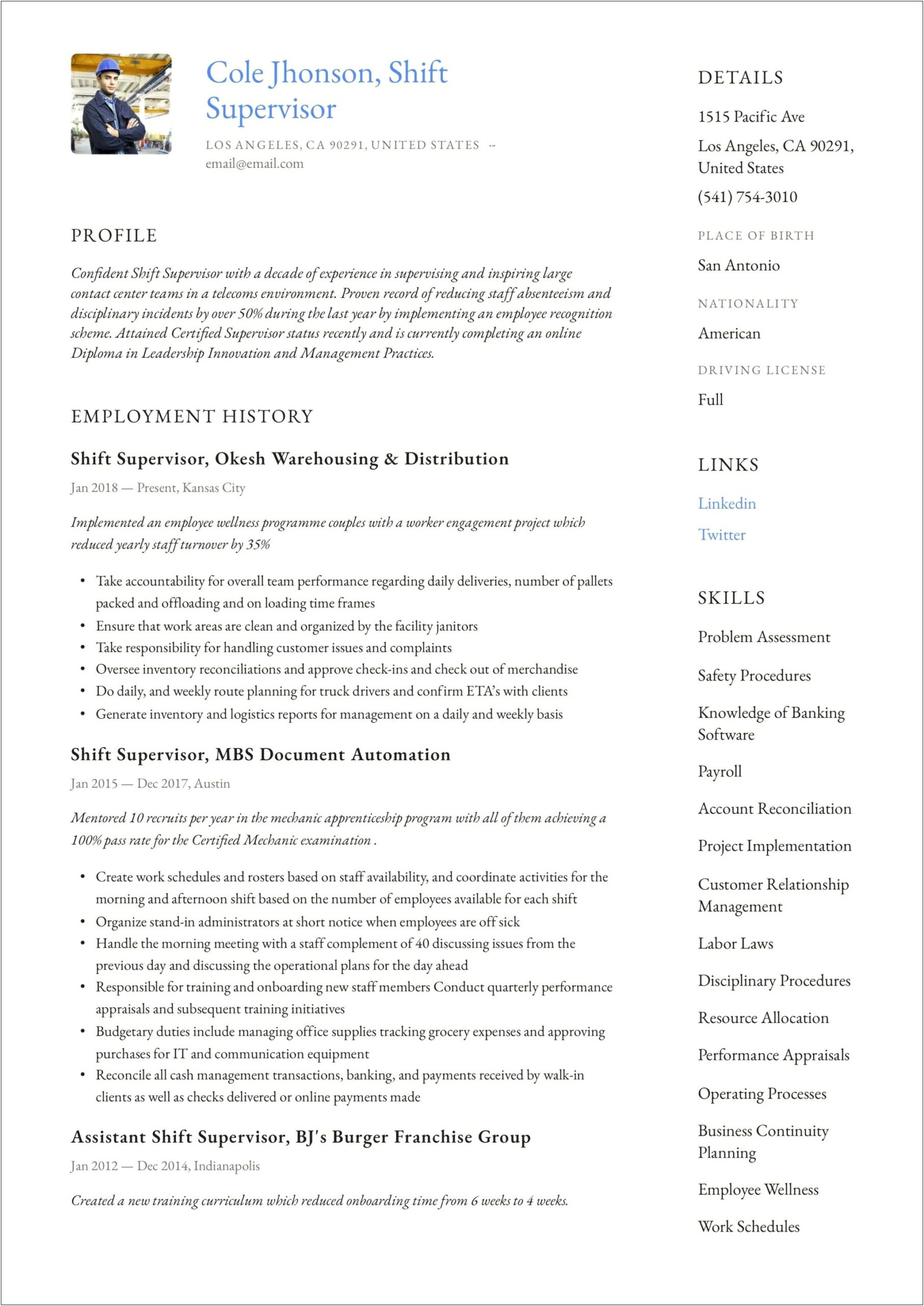Examples Of Staff Supervision Resume