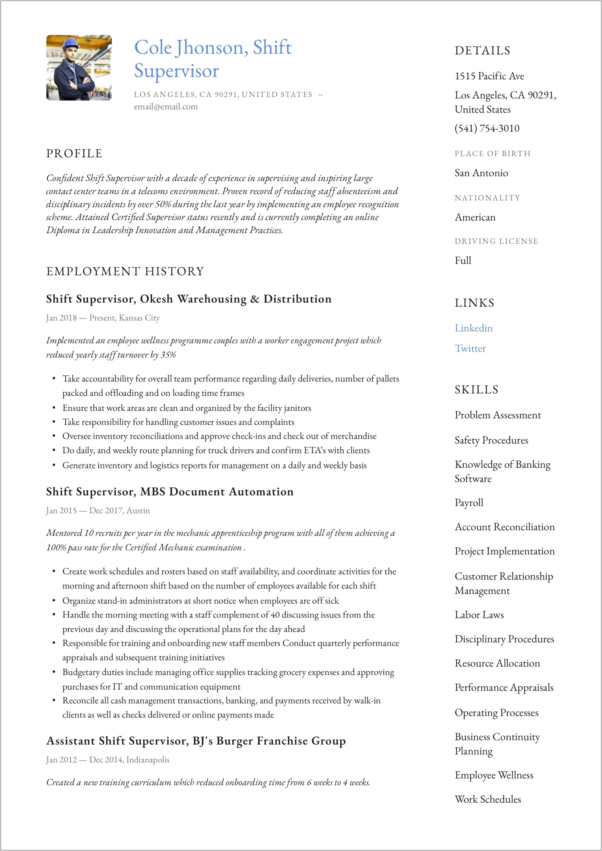 Examples Of Staff Supervision Resume