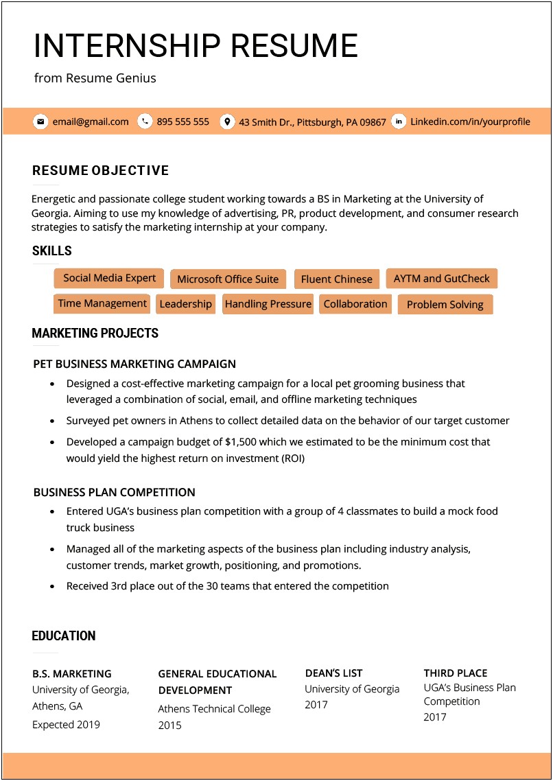 Examples Of Student Resumes For Internship