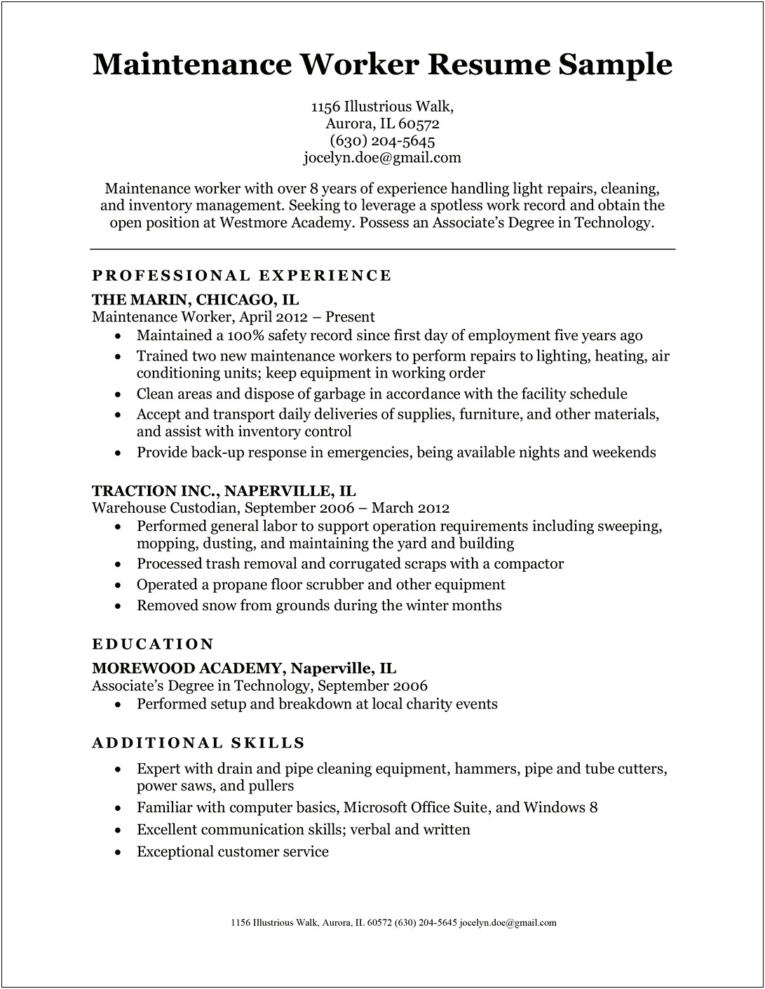 Examples Of Sumary For Maintenance On A Resume