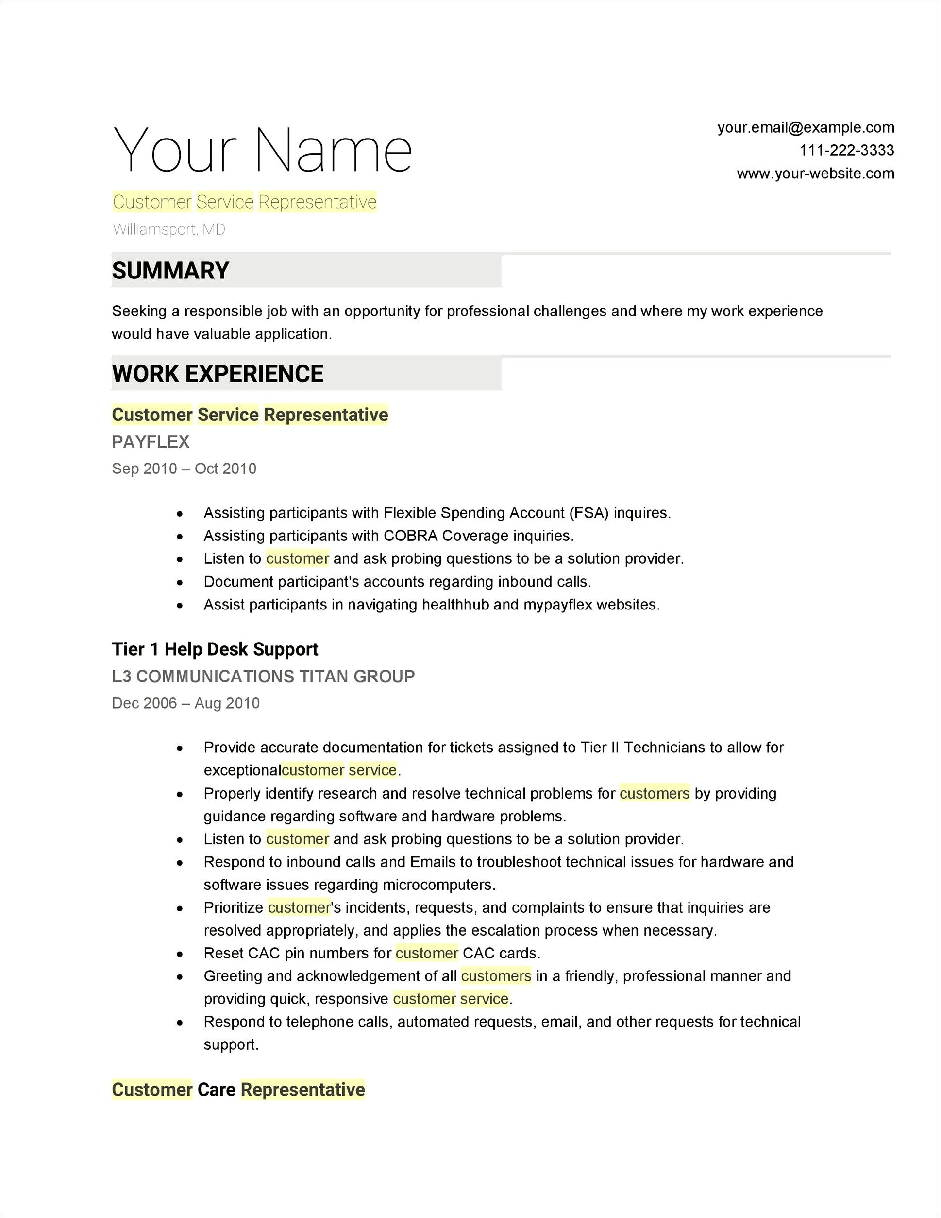 Examples Of Summaries For Resumes For Customer Service