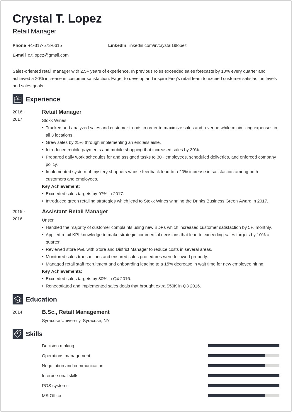Examples Of Summary Statement On Resume Retail Manager