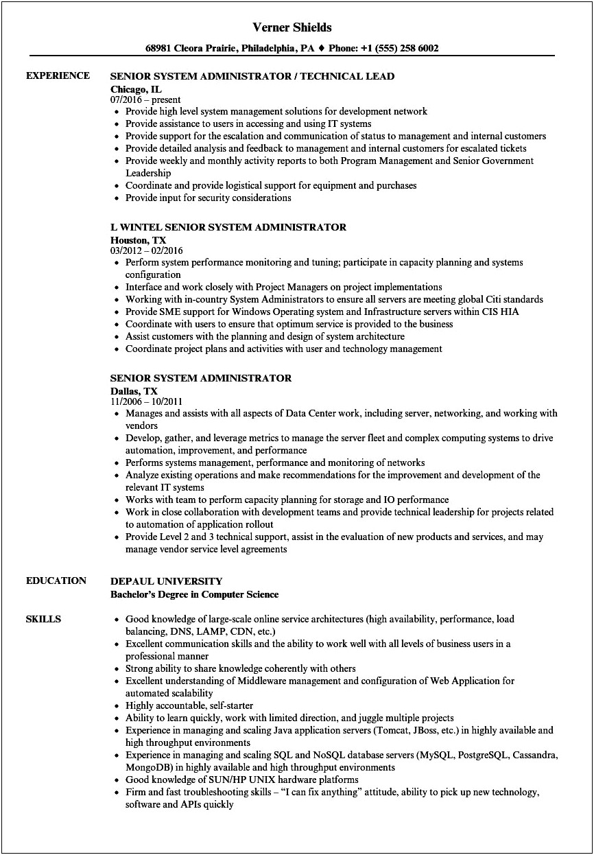 Examples Of System Administrator Resume