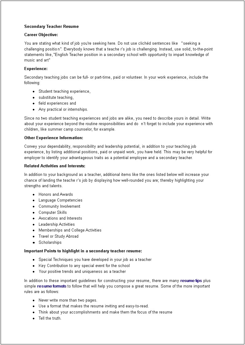 Examples Of Teacher Resumes Secondary