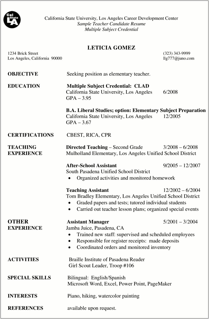Examples Of Teaching Resume Elementary