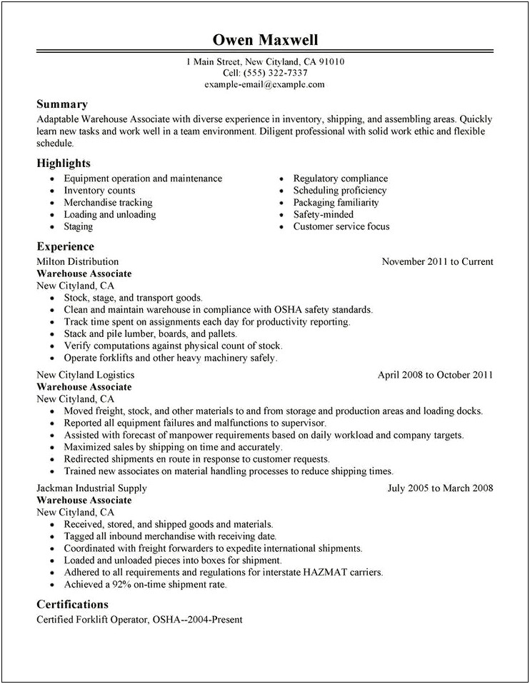 Examples Of Warehouse Associate Resumes
