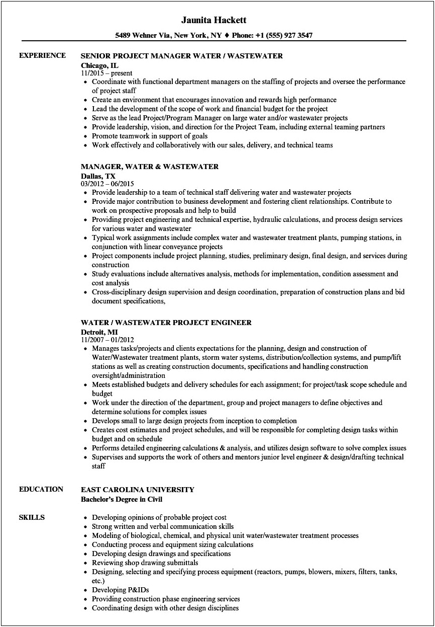 Examples Of Water Plant Operator Resume