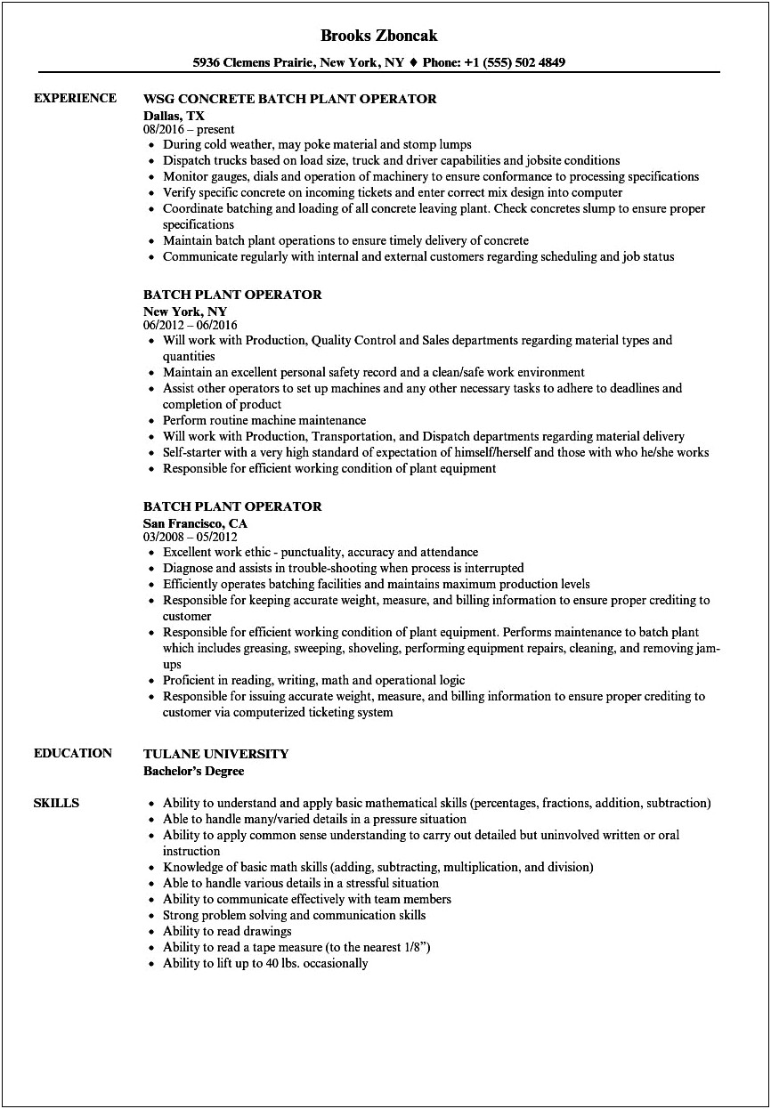 Examples Of Water Plant Opperator Resume