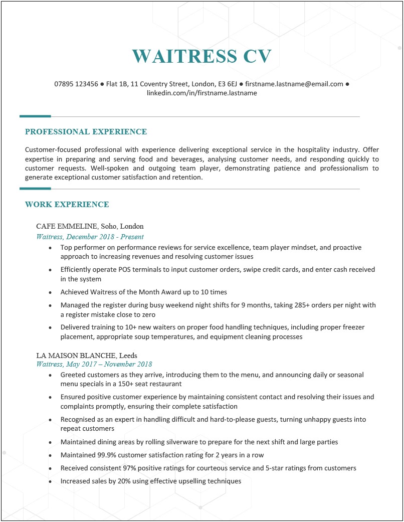 Examples Of Wiatress Job Responsibilities On Resumes