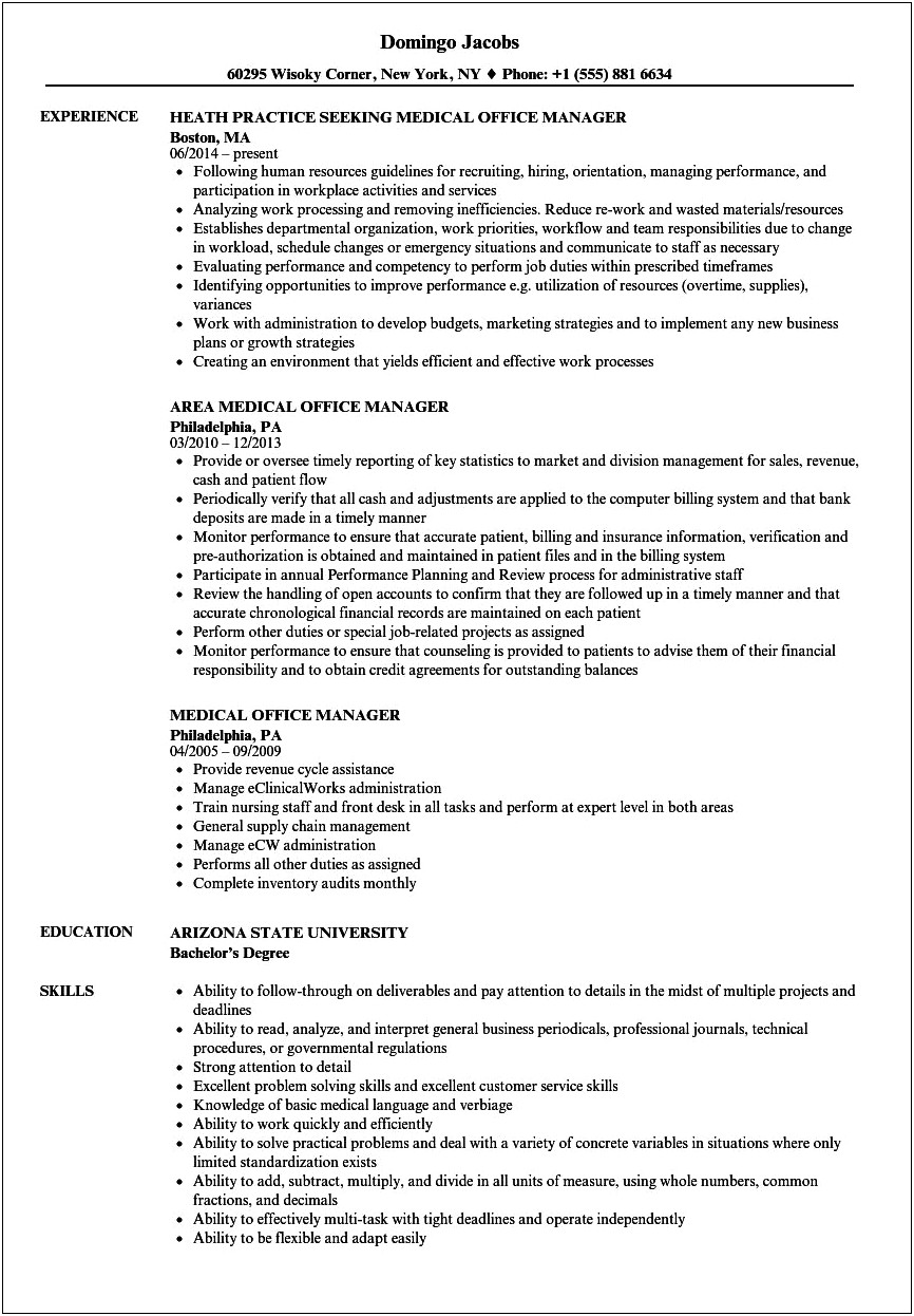 Examples Practice Manager Resume Medical