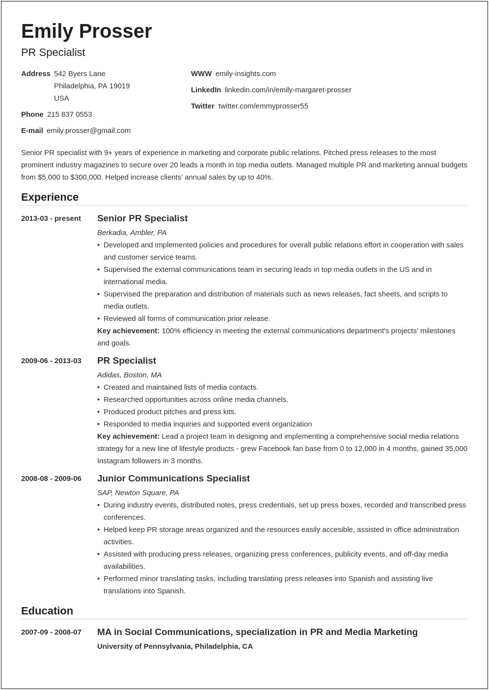 Examples Public Relations Resume Published