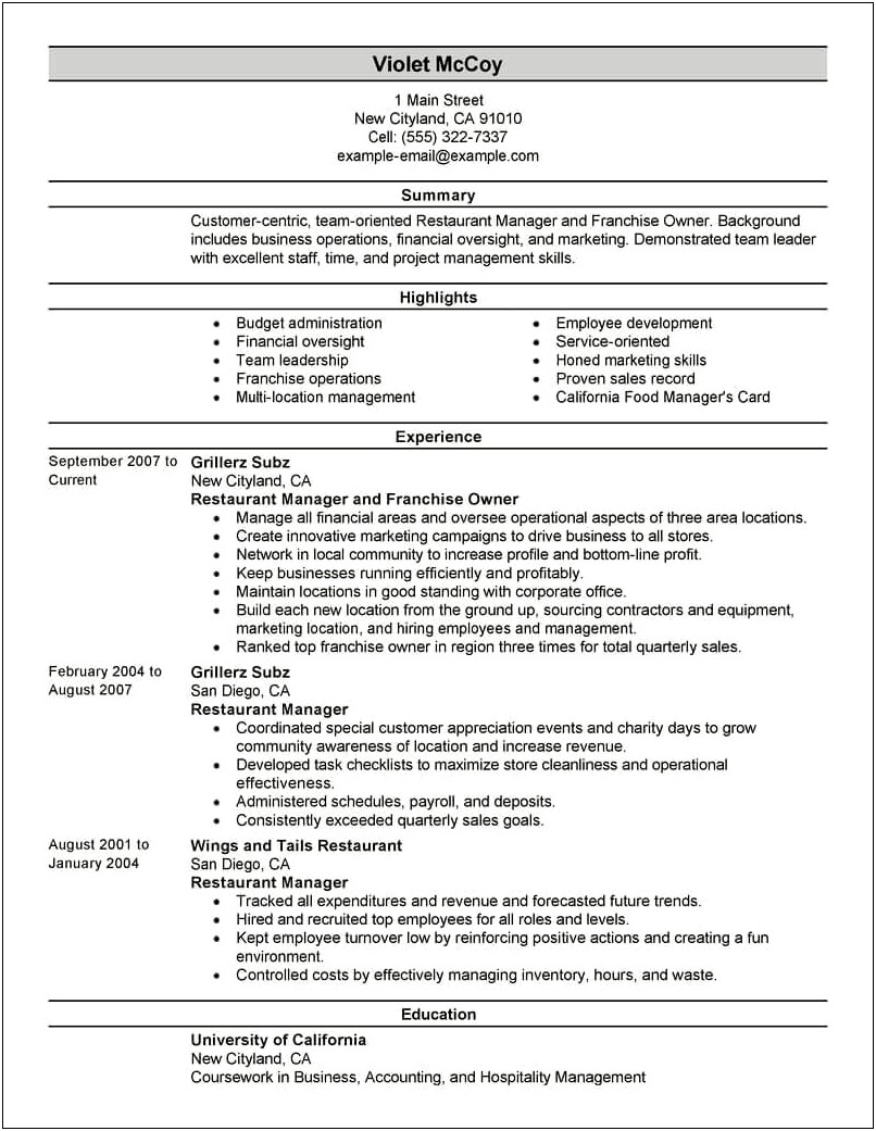 Examples Summary For Resume Restaurant