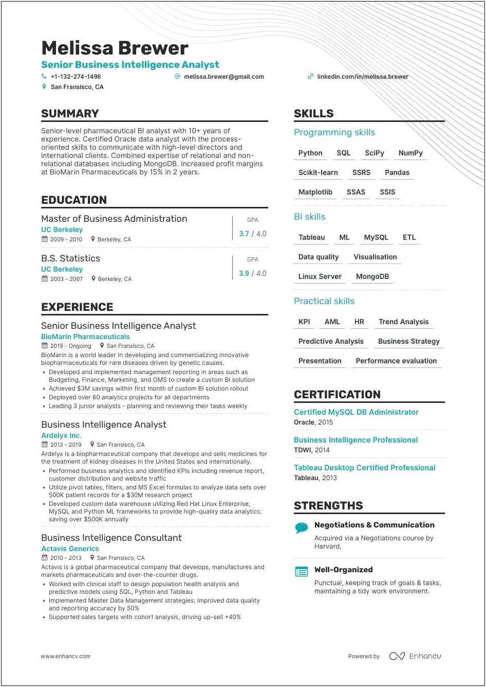 Excel Along With Power Bi Resume Sample