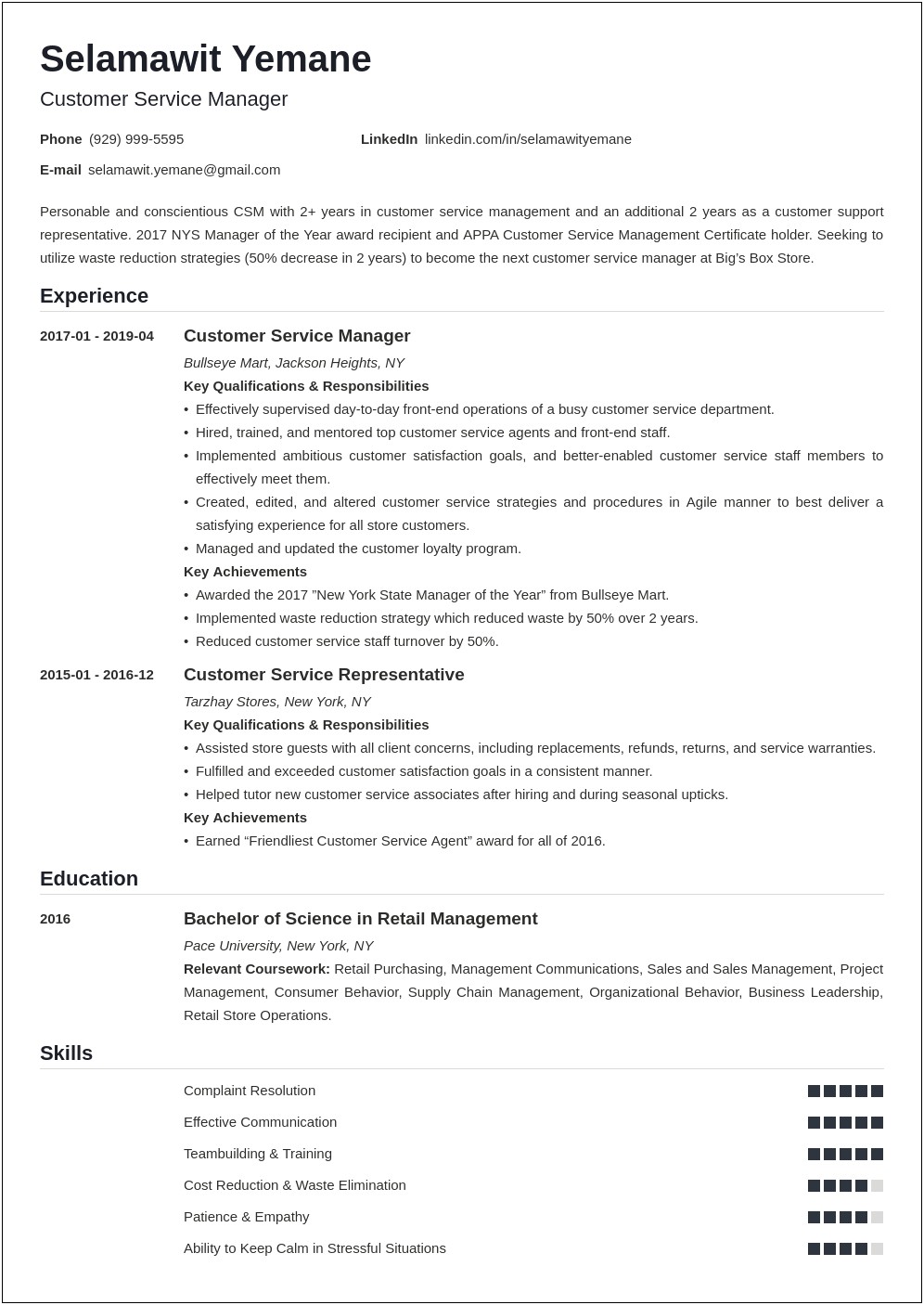 Excellent Customer Service Manager Resume