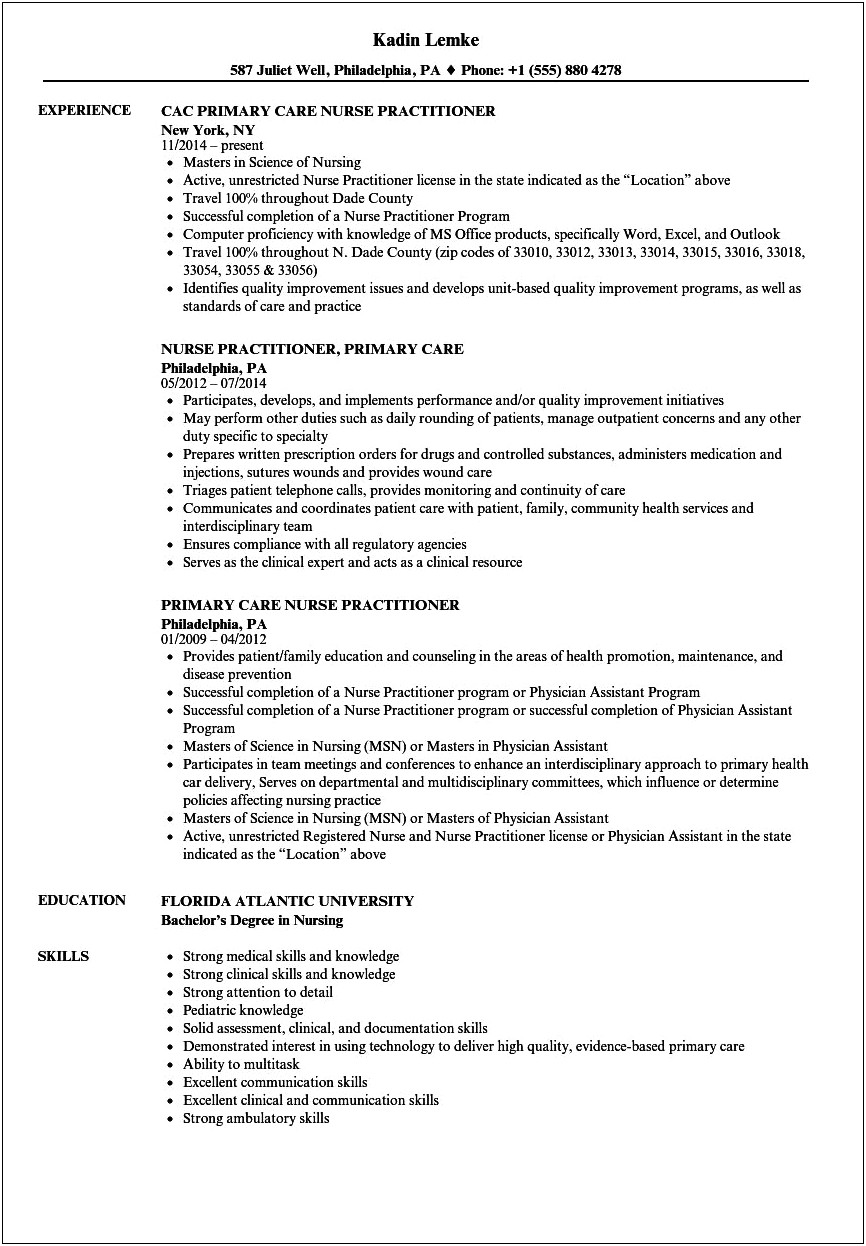 Excellent Resume Sample For Applying Fnp