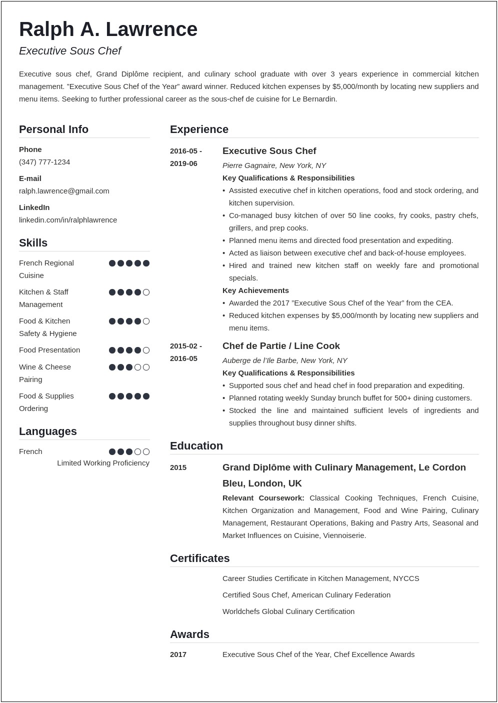 Excellent Sou Chef Resume Example