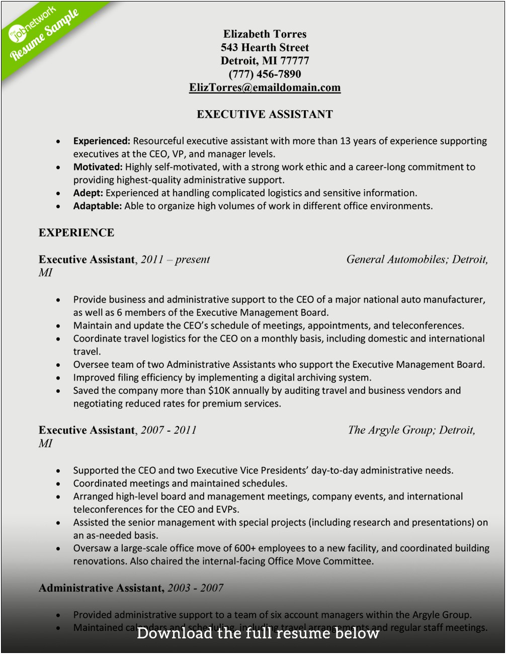 Executive Administrative Assistant Job Description For Resume