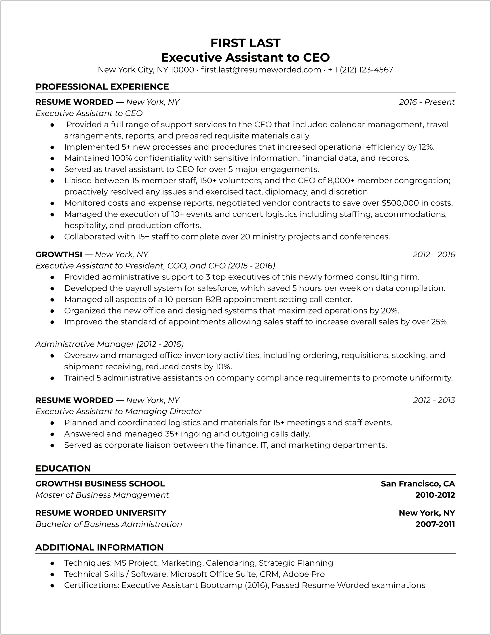 Executive Assistant Coo Resume Samples