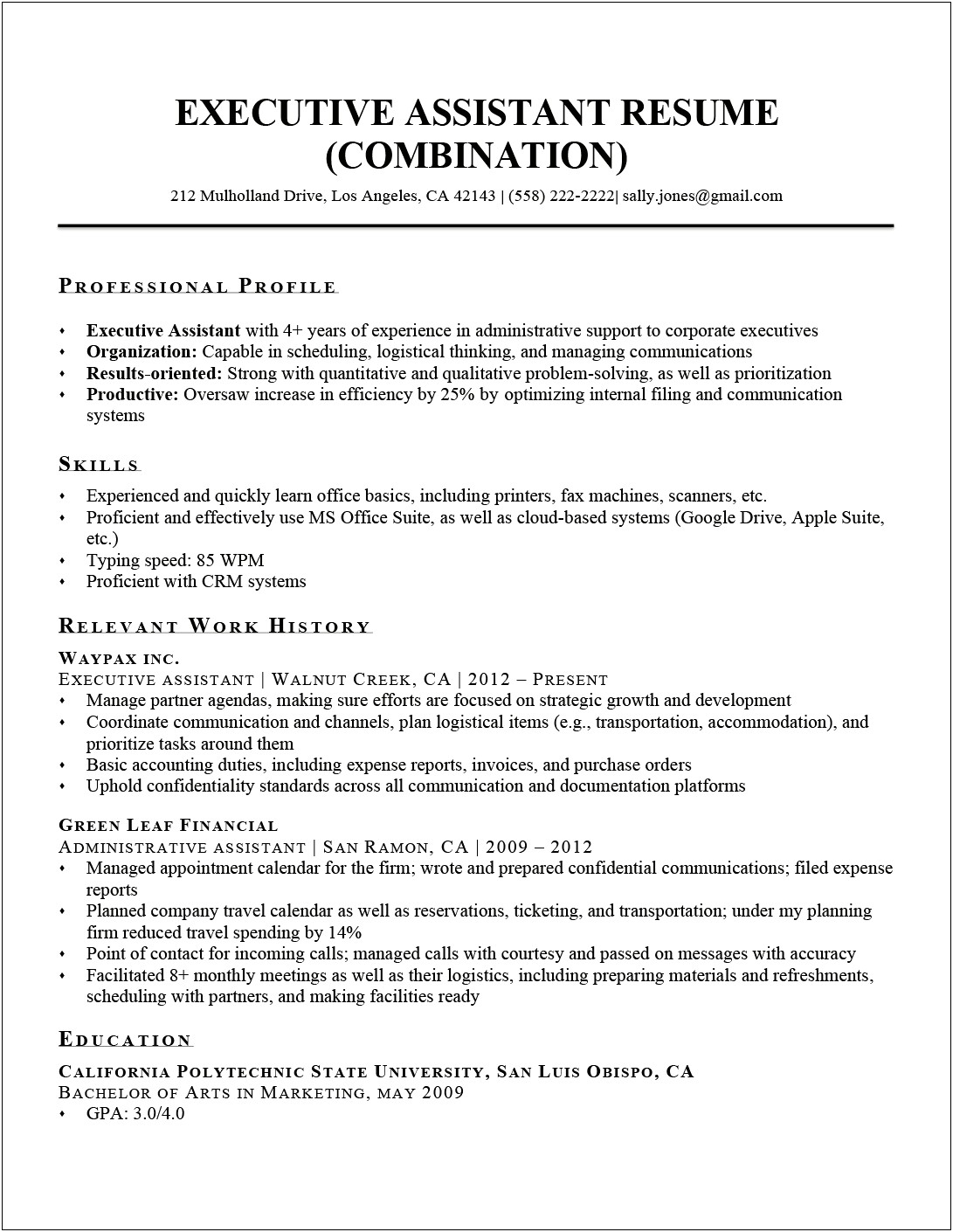 Executive Assistant Functional Resume Sample