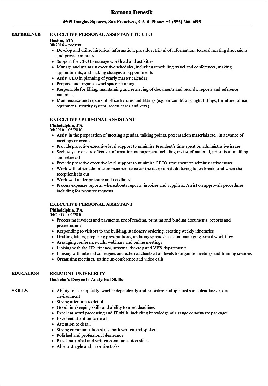 Executive Assistant Job Responsibilities For Resume
