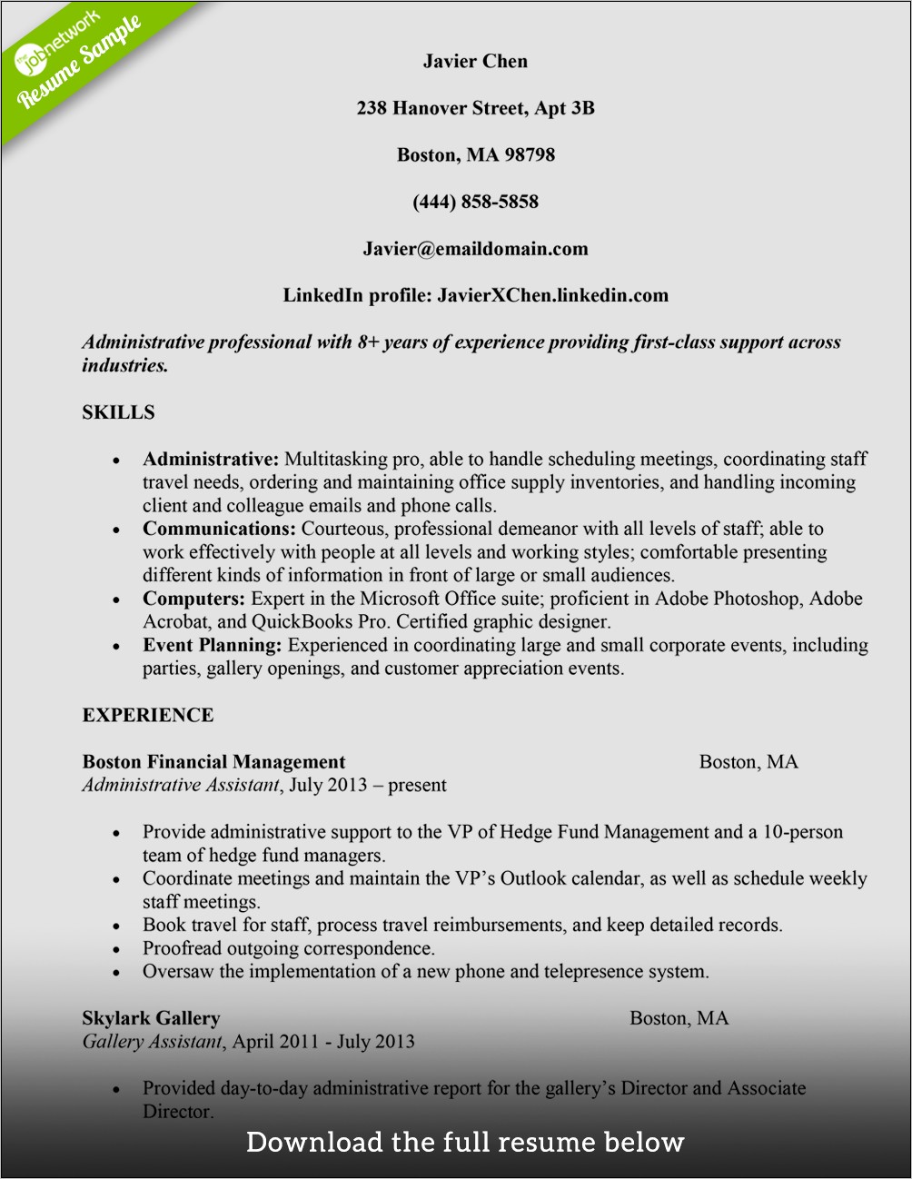 Executive Assistant Role Resume Example
